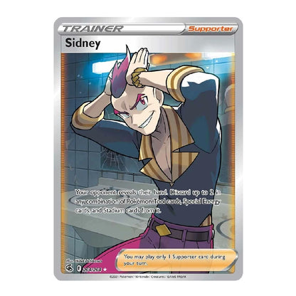 A single Pokémon TCG trading card featuring the character Sidney, shown against a plain white background. The card has a silver border, a colorful character illustration, and printed text including 'TRAINER', 'Sidney', and 'Supporter'.