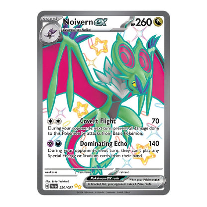 A single Pokémon trading card featuring Noivern EX from the Eevee Evolutions set. The card has a gray border, green and pink artwork of Noivern, and black text with attack details including Covert Flight and Dominating Echo.
