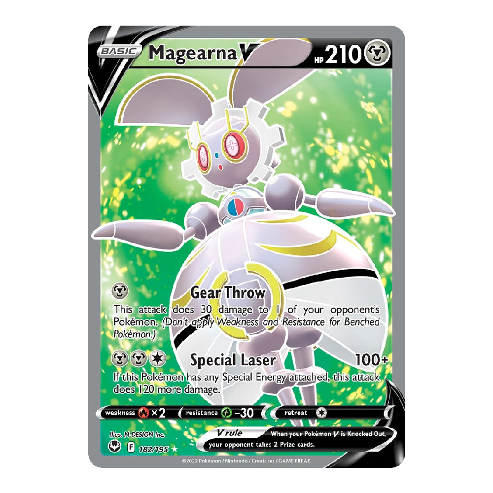 A single Pokémon trading card for Magearna V, shown centered on a plain white background. The card features a green and white illustration of the character, with black, gray, and green card framing and text including HP 210 and attack names Gear Throw and Special Laser.