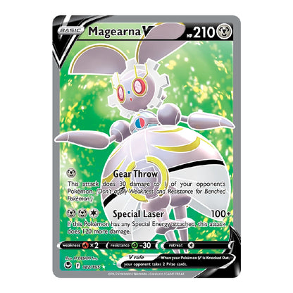 A single Pokémon trading card for Magearna V, shown centered on a plain white background. The card features a green and white illustration of the character, with black, gray, and green card framing and text including HP 210 and attack names Gear Throw and Special Laser.