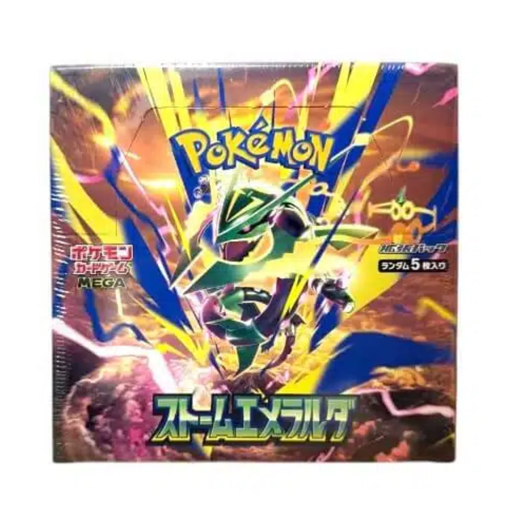A sealed Pokémon TCG booster box featuring a Storm Emerald design with a green dragon character and Japanese text, photographed against a plain white background.