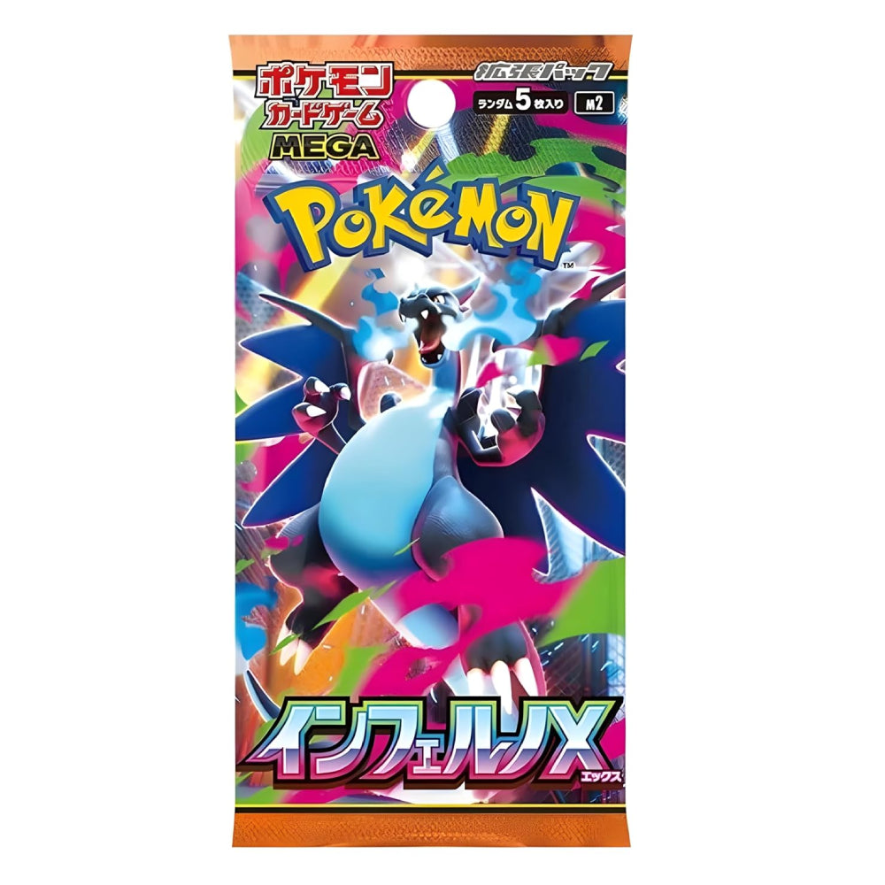 A single Pokémon booster pack package for the MEGA 1000 series, featuring a colorful illustration of Infernax on a white background.