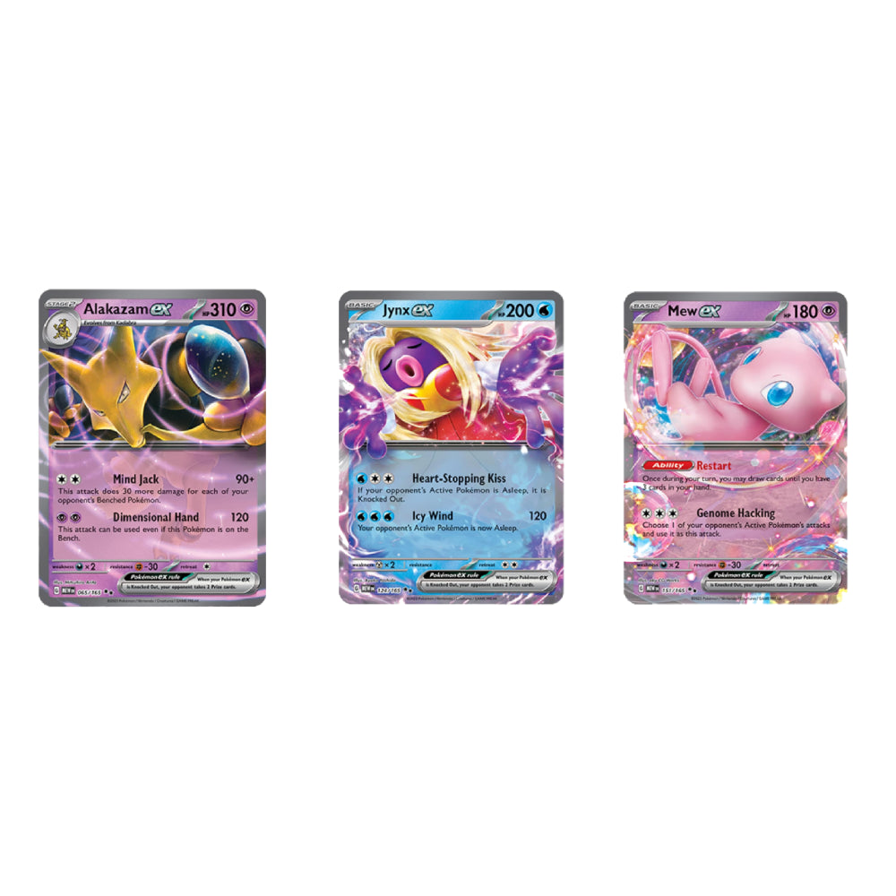 Three Pokémon trading cards shown side by side on a plain white background: Alakazam, Lillipup, and Mew.