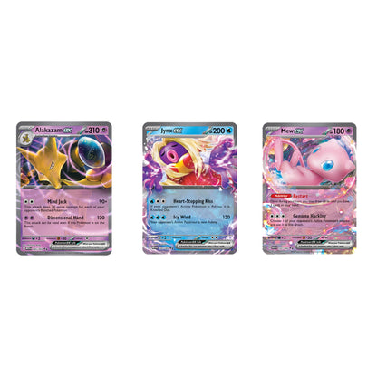 Three Pokémon trading cards shown side by side on a plain white background: Alakazam, Lillipup, and Mew.