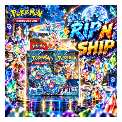 Two Pokémon Trading Card Game Stellar Crown booster boxes displayed on a wooden surface against a blue Pokémon-themed background, with a price badge in the lower right corner.
