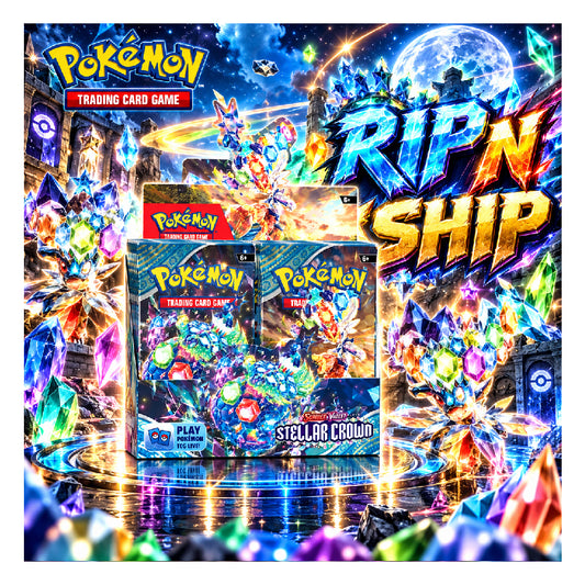 Two Pokémon Trading Card Game Stellar Crown booster boxes displayed on a wooden surface against a blue Pokémon-themed background, with a price badge in the lower right corner.