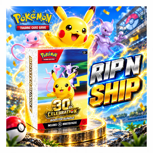 Pokémon Trading Card Game 30th Celebration 'RIP N SHIP' booster bundle box shown on a glowing pedestal with large promotional text, Pikachu, and other Pokémon characters on a bright blue illustrated background.