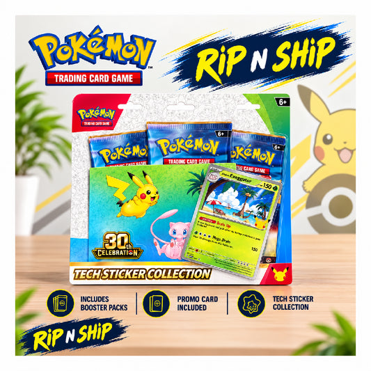 Promotional product graphic for a Pokémon Trading Card Game 'Rip N Ship' Tech Sticker Collection bundle. The image shows a retail blister pack containing booster packs and a sticker sheet, with promotional text overlays and pricing at ‚₹,4,499 only” on a light background with Pokémon branding.