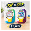 Two Pokémon Trading Card Game silver can tins displayed side by side on a light wood surface, with a large 'RIP N SHIP' banner above and a price badge reading '₵5,499' below. The left tin is teal and white with Pikachu graphics, and the right tin is purple and white with a blue card window showing a blue creature.