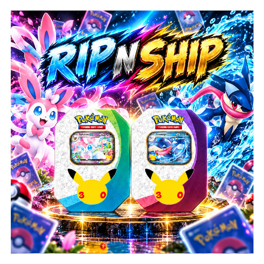 Two Pokémon Trading Card Game silver can tins displayed side by side on a light wood surface, with a large 'RIP N SHIP' banner above and a price badge reading '₵5,499' below. The left tin is teal and white with Pikachu graphics, and the right tin is purple and white with a blue card window showing a blue creature.