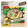 Pokémon Trading Card Game Mega Meganiium ex Box set packaging shown on a light wood surface with promotional overlays including 'Pokémon', 'RIP N SHIP', and a price badge of ‚₽,999.