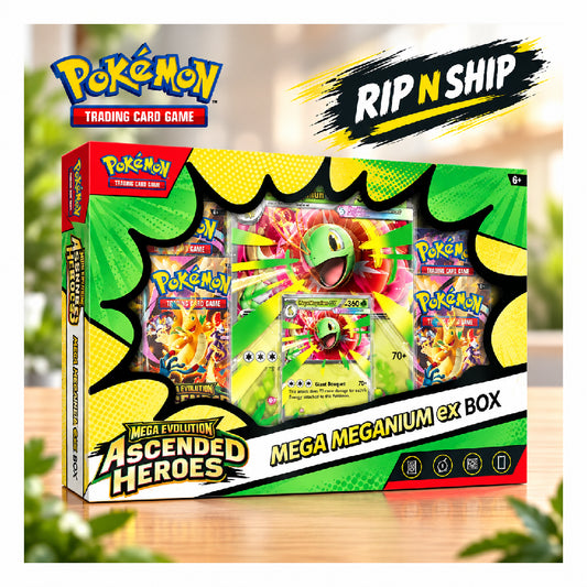Pokémon Trading Card Game Mega Meganiium ex Box set packaging shown on a light wood surface with promotional overlays including 'Pokémon', 'RIP N SHIP', and a price badge of ‚₽,999.