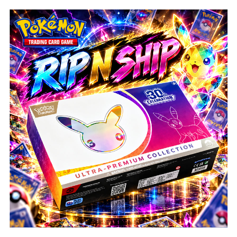 Pokémon Trading Card Game Ultra-Premium Collection 30th Anniversary box featuring holographic Pikachu and Eevee artwork, shown on a light background with promotional text overlays.