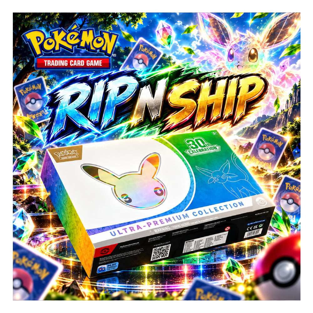 Pokémon Trading Card Game Ultra-Premium Collection 30-Card Box featuring a holographic Eevee design, shown on a light wood surface with promotional text overlays.