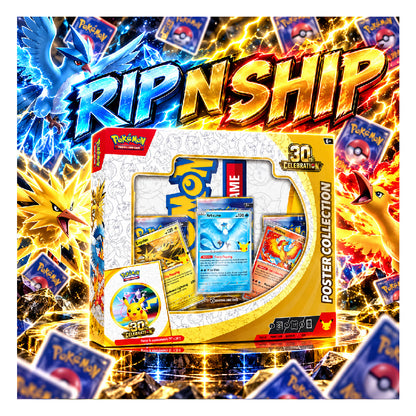 Pokémon Trading Card Game poster collection 30th anniversary gift set box with visible trading cards inside, shown on a light wood surface with promotional text overlays including 'RIP N SHIP' and '₥15,999'.