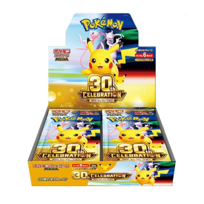 A Pokémon Mega 30th Celebration display box filled with booster packs, featuring Pikachu and other characters on the packaging against a white background.