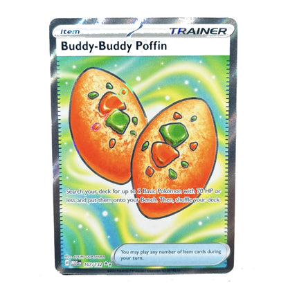 A holographic Pokémon trading card for 'Buddy-Buddy Poffin' from the Item card deck, featuring two orange eggs with green and red spots on a green and blue wavy background.