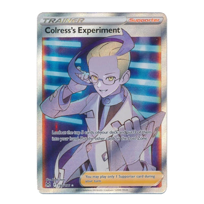 A holographic Pokémon trading card featuring Colress from 'The Seven Deadly Sins' in 'Colress's Experiment' support card. The card has a silver holographic border and depicts Colress with blonde hair, glasses, and a white lab coat against a blue and red striped background.