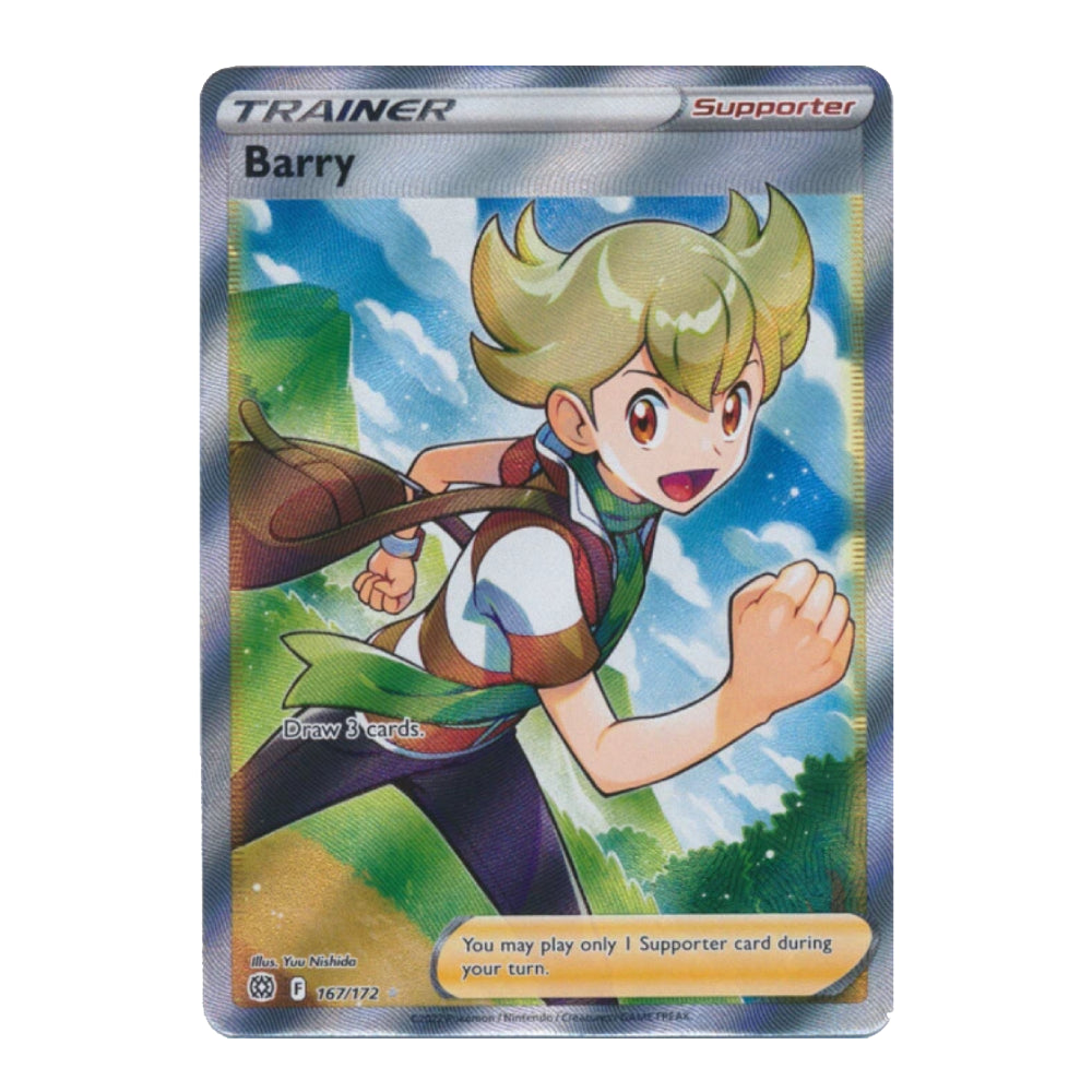 A single Pokémon trading card featuring the character Barry, shown against a plain white background. The card has a silver holographic border and displays the Trainer Supporter type.