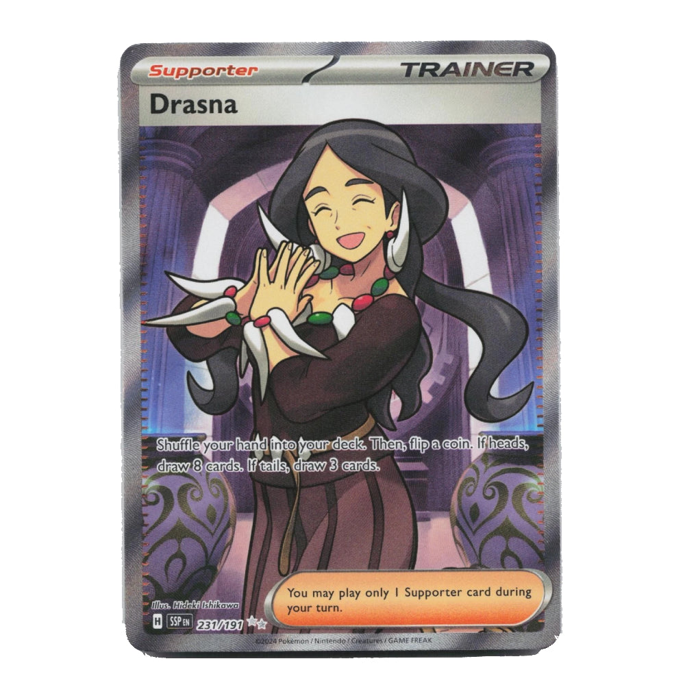 A Pokémon Trading Card Game Drasna Supporter Trainer card, featuring artwork of the character Drasna with long black hair and a brown outfit against a purple background.