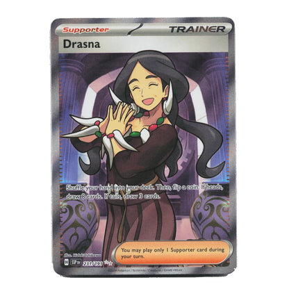 A Pokémon Trading Card Game Drasna Supporter Trainer card, featuring artwork of the character Drasna with long black hair and a brown outfit against a purple background.