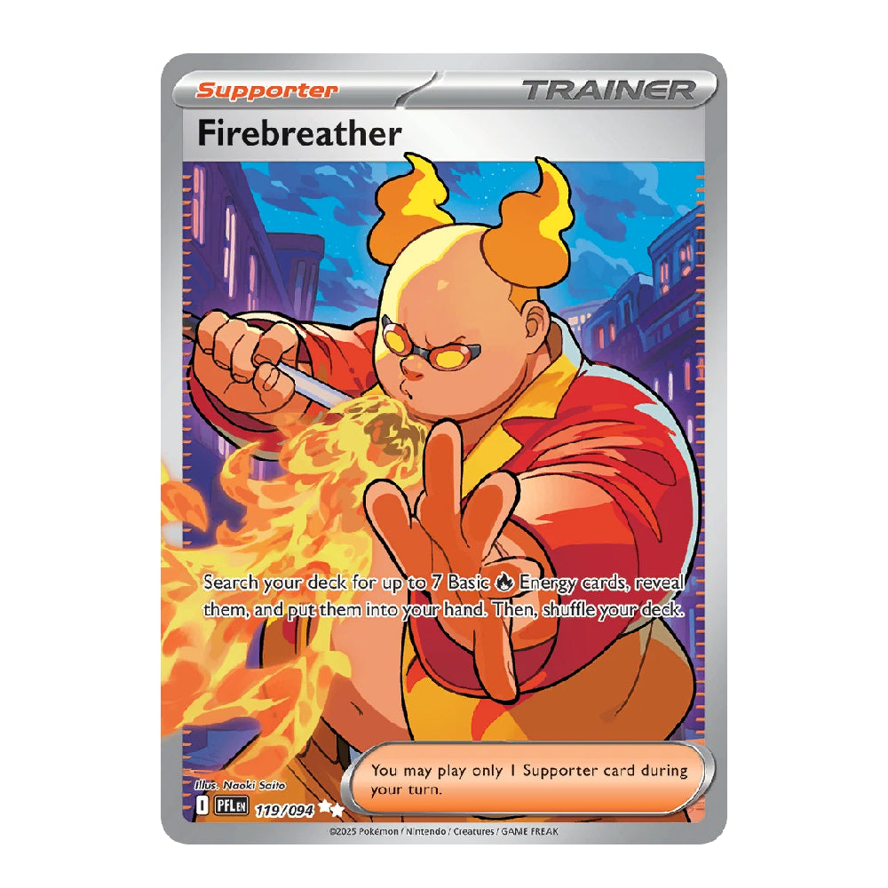 A single Pokémon Trading Card Game card for Firebreather, shown centered on a plain white background. The card has a silver border and features illustrated artwork of a bald character with orange hair and flames, wearing a red robe.