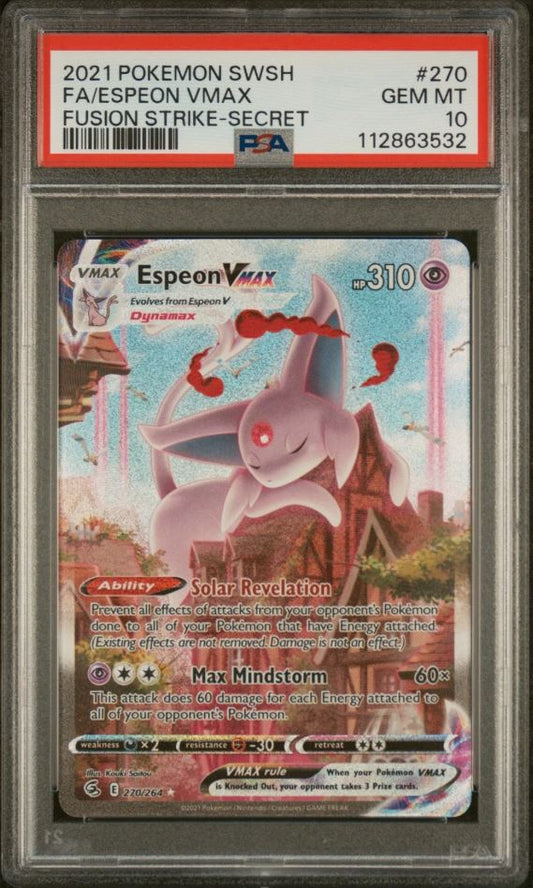 Pokémon trading card featuring Espeon VMAX with a PSA grading label.