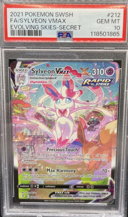 Pokémon trading card featuring Sylveon VMAX with a PSA grading label on top.