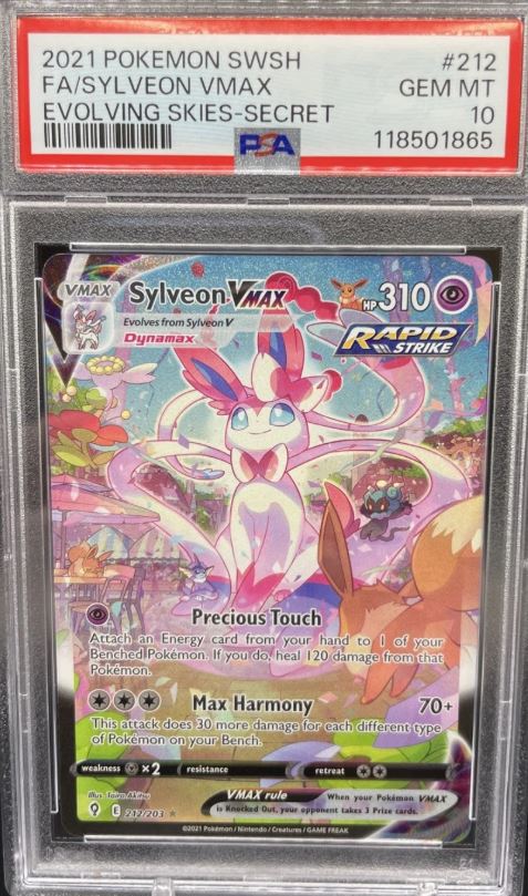 Pokémon trading card featuring Sylveon VMAX with a PSA grading label on top.