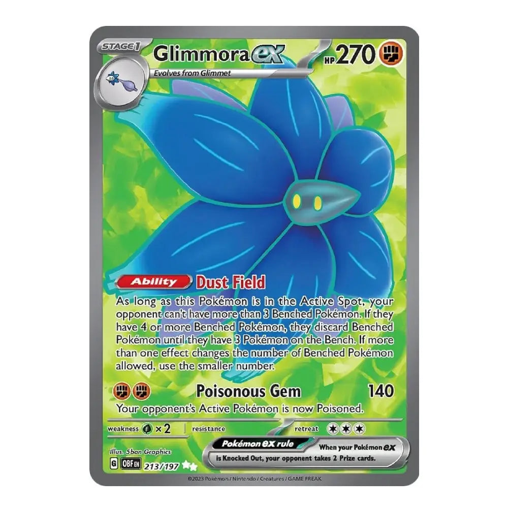 A single Pokémon trading card for Gimmora ex, shown flat against a plain white background. The card features a blue flower-like Pokémon with a green gradient background, gray border, and printed text and stats.