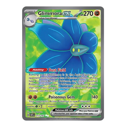 A single Pokémon trading card for Gimmora ex, shown flat against a plain white background. The card features a blue flower-like Pokémon with a green gradient background, gray border, and printed text and stats.