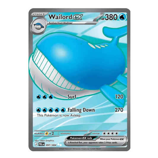 A single Pokémon trading card featuring Wailord ex, shown against a plain white background. The card has a silver border, blue and white artwork of the whale, and printed stats and text.