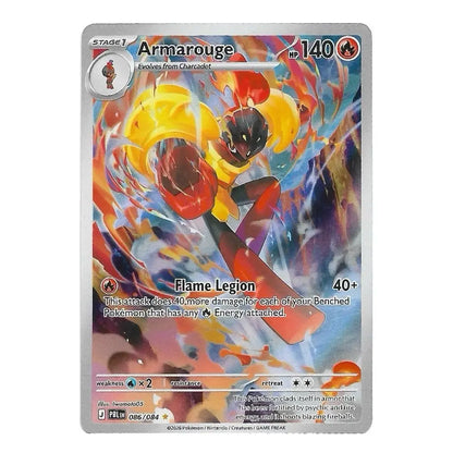 A single Pokémon trading card featuring Armarouge from the Eevee expansion, with a silver border and colorful artwork of a red and black creature surrounded by yellow-orange flames.