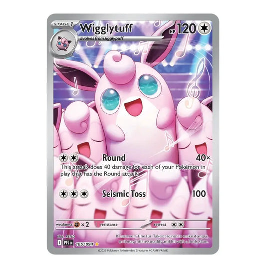 A single Pokémon trading card for Wigglytuff from the 2024 PPLR set, featuring a pink character on a purple and blue illustrated background with a silver border.