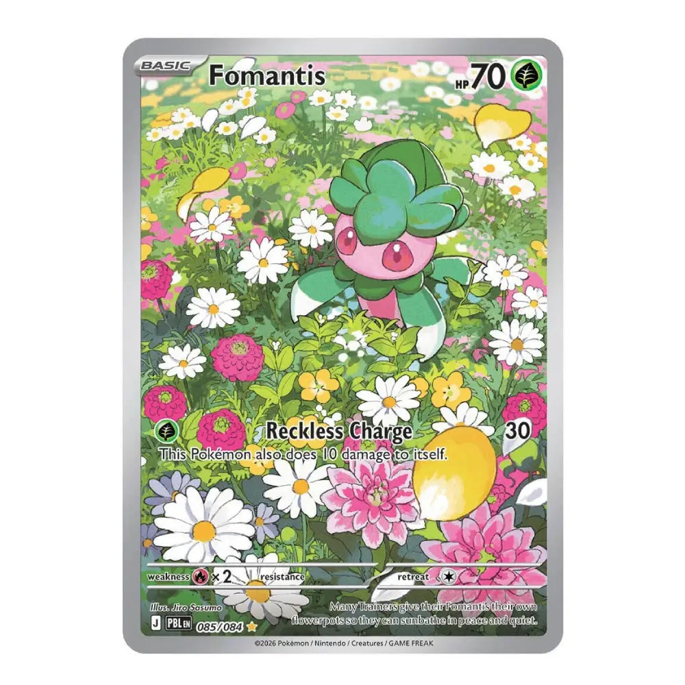 A Pokémon trading card for Fomantis from the Basic set, featuring a colorful illustration of the character in a flower field with a silver border.