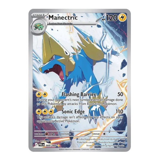 A single Pokémon trading card for Manectric, shown flat against a plain white background. The card has a silver border, blue and gold artwork of the electric dragon, and printed game text including 'Stage 1', 'HP 120', and move names like 'Flashing Barrier' and 'Sonic Edge'.