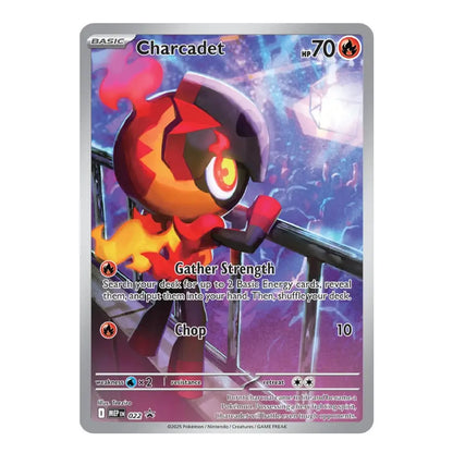 Pokémon TCG Charcadet card featuring the Fire-type Pokémon Charcadet with 70 HP and a fiery city background.