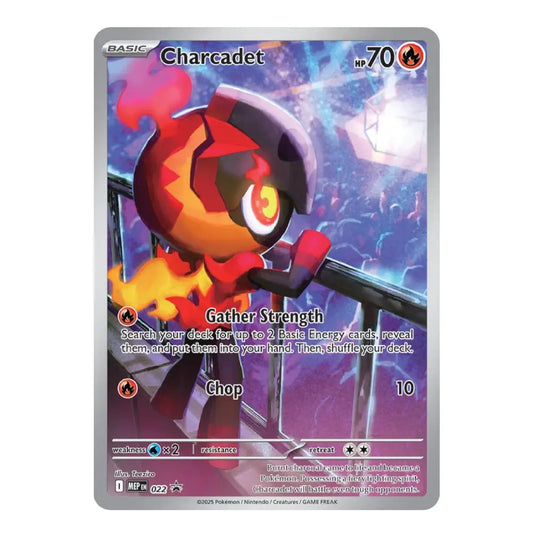 Pokémon TCG Charcadet card featuring the Fire-type Pokémon Charcadet with 70 HP and a fiery city background.
