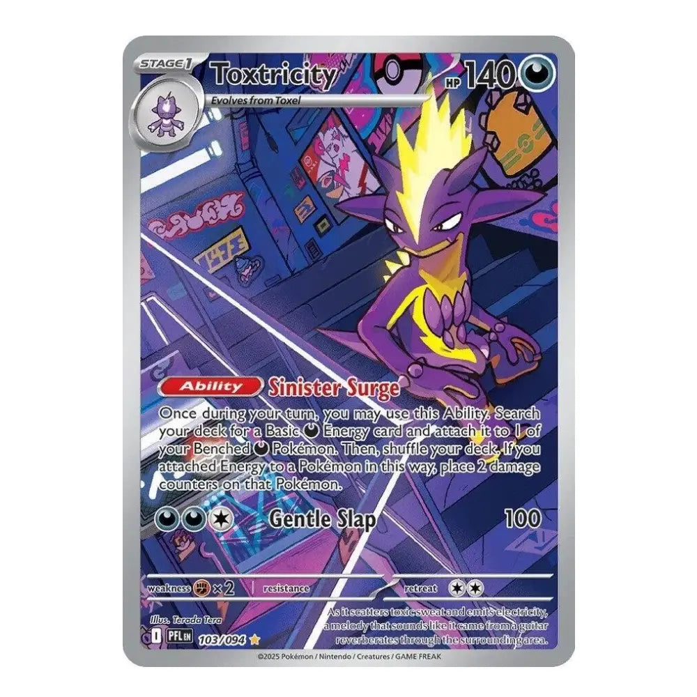 A single Pokémon trading card featuring Toxtricity, a Stage 1 Electric Grass-type creature with 140 HP. The card has a silver border and shows Toxtricity in a purple and yellow color scheme against a dark blue graffiti background.
