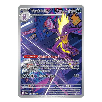 A single Pokémon trading card featuring Toxtricity, a Stage 1 Electric Grass-type creature with 140 HP. The card has a silver border and shows Toxtricity in a purple and yellow color scheme against a dark blue graffiti background.