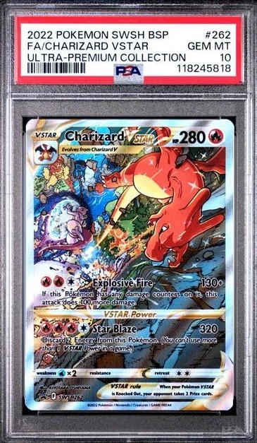 Pokémon trading card featuring Charizard VStar with PSA grading label