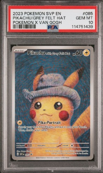 Pokémon trading card featuring Pikachu with a gray felt hat, graded GEM MT 10.