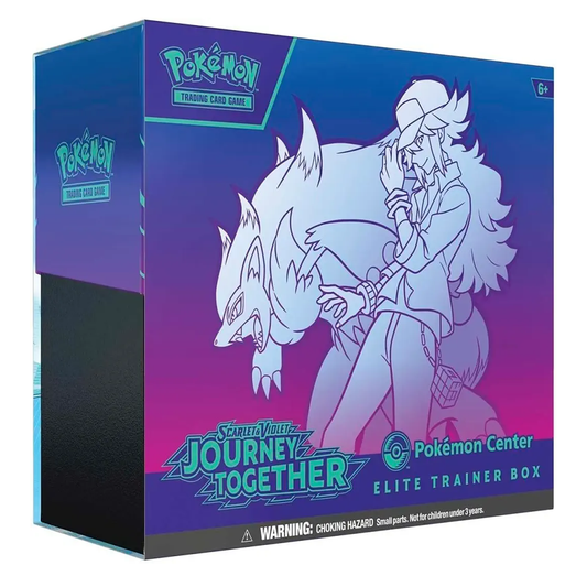 Pokémon trading card game Elite Trainer Box packaging with character illustration on a blue and purple gradient background.