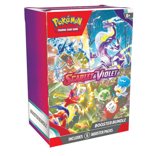 Pokémon trading card game booster bundle packaging with colorful characters on a white background