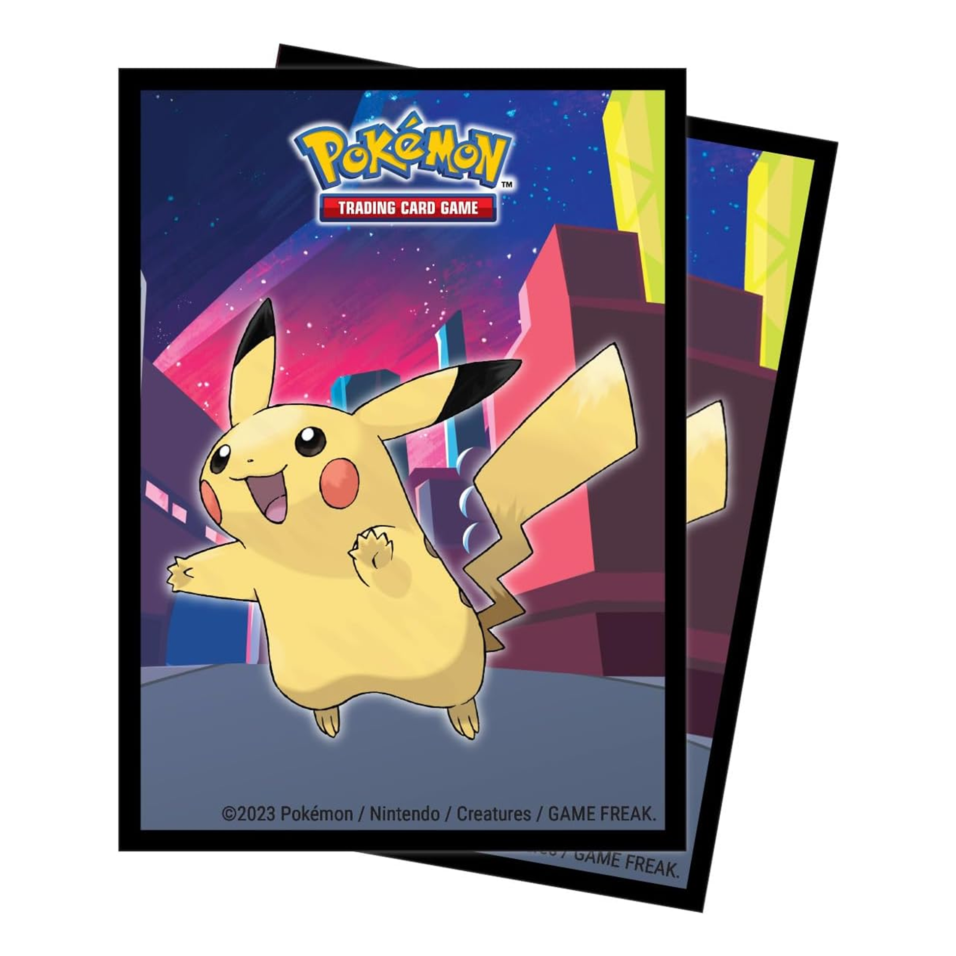 Pokémon trading card game packaging with Pikachu on a cityscape background