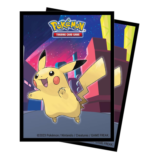 Pokémon trading card game packaging with Pikachu on a cityscape background