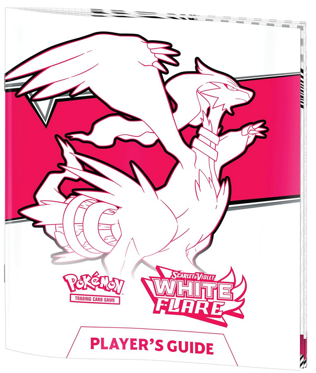Pokémon trading card game player's guide with a pink and white dragon-like creature on a red background