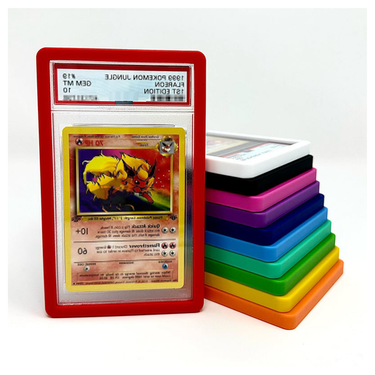 Pokémon trading card in a red holder with colorful protective cases stacked beside it.