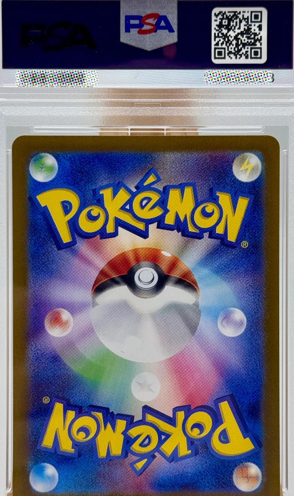 Pokémon trading card in a protective case with a PSA logo above it