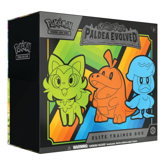 Pokémon trading card game box with three characters on a colorful background